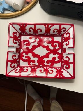 Hermes Red and White Porcelain Ashtray with Ornate Pattern